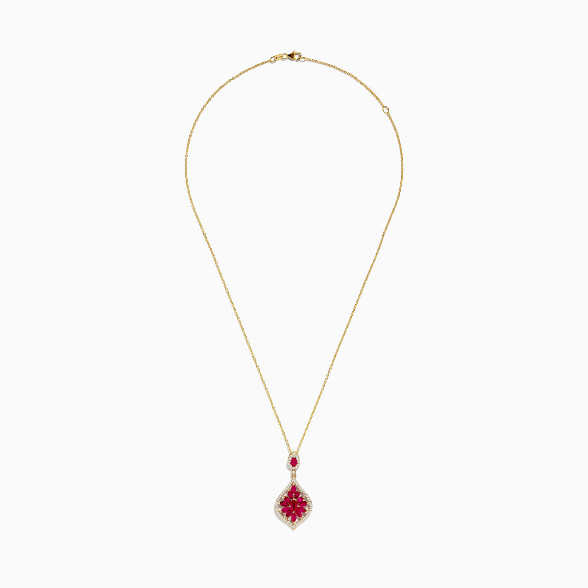 The Ruby Royale 14K Yellow Gold Ruby and Diamond Pendant features a teardrop ruby in a floral red gemstone pattern, accented with diamonds and an additional matching ruby above the main pendant.