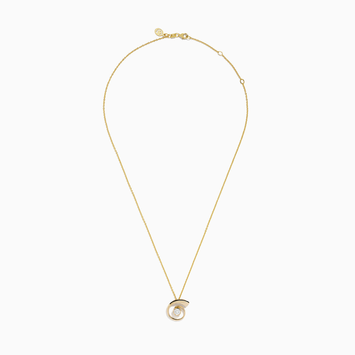 The DOro 14K Yellow Gold Diamond Spiral Pendant features a round, clear center gemstone on a yellow gold chain, shown against a white background.