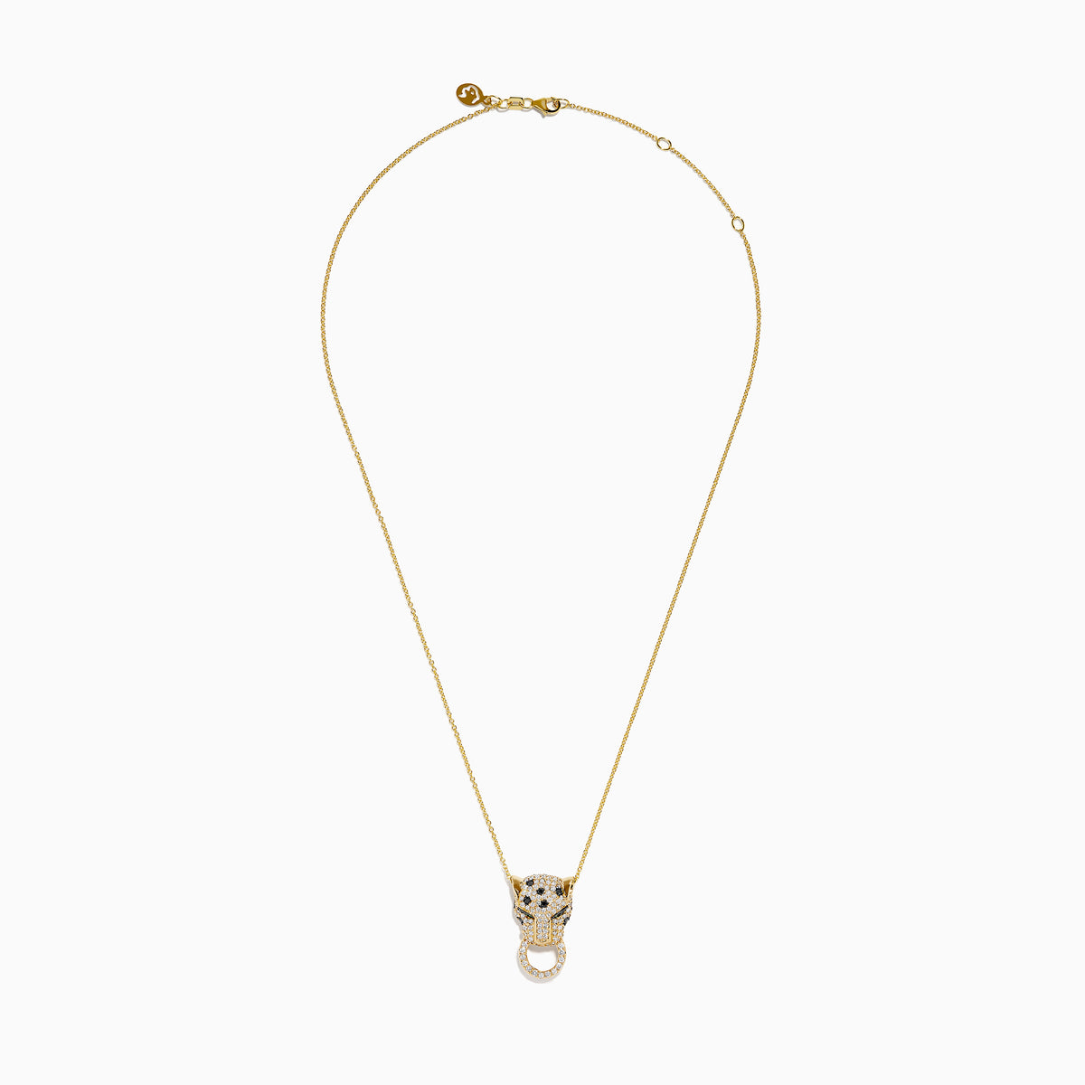 The Signature 14K Yellow Gold Diamond and Emerald Panther Pendant features a panther adorned with diamonds and emeralds, its mouth gripping a diamond-studded circular ring, suspended from a yellow gold chain necklace.