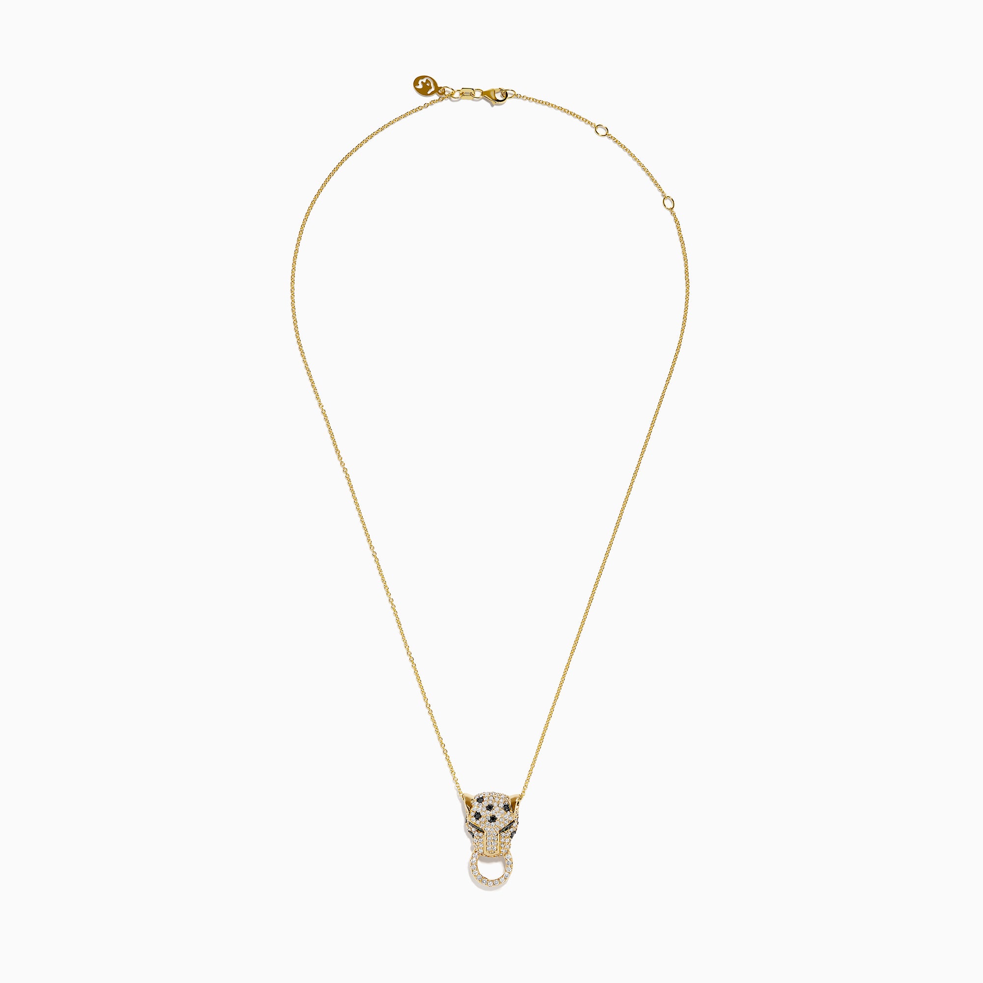 The Signature 14K Yellow Gold Diamond and Emerald Panther Pendant features a panther adorned with diamonds and emeralds, its mouth gripping a diamond-studded circular ring, suspended from a yellow gold chain necklace.