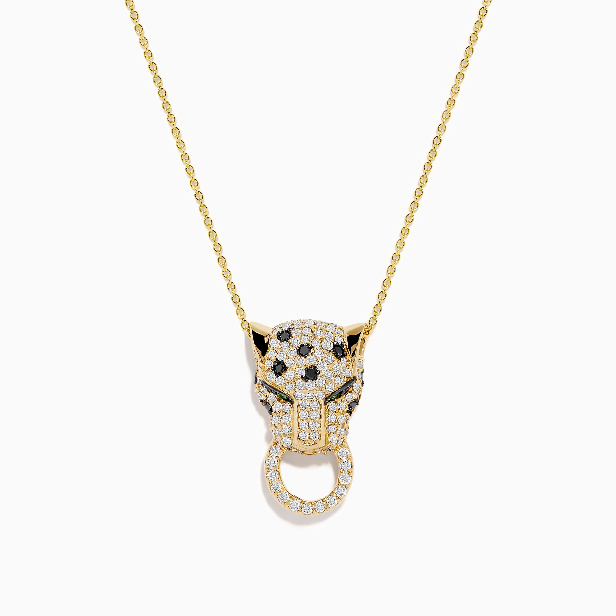 The Signature 14K Yellow Gold Diamond and Emerald Panther Pendant features a panther adorned with diamonds and emeralds, its mouth gripping a diamond-studded circular ring, suspended from a yellow gold chain necklace.