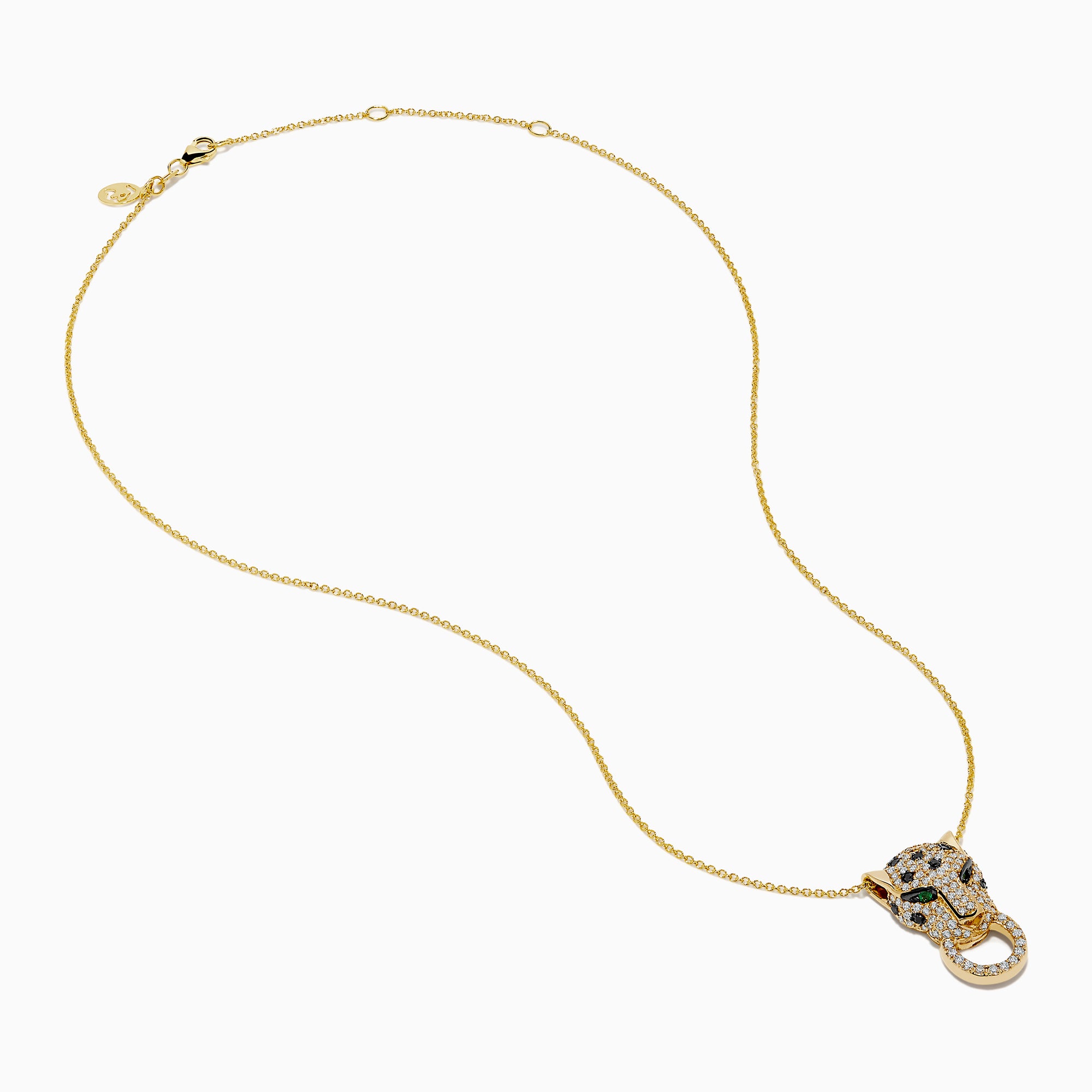 The Signature 14K Yellow Gold Diamond and Emerald Panther Pendant features a panther adorned with diamonds and emeralds, its mouth gripping a diamond-studded circular ring, suspended from a yellow gold chain necklace.