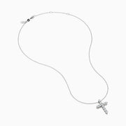 The 14K White Gold Diamond Cross Pendant features a delicate white gold chain and a cross encrusted with sparkling round diamonds, shown against a plain white background.