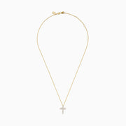 The 14K Yellow Gold Diamond Cross Pendant features small round diamonds on a yellow gold chain, showcased against a plain white background.