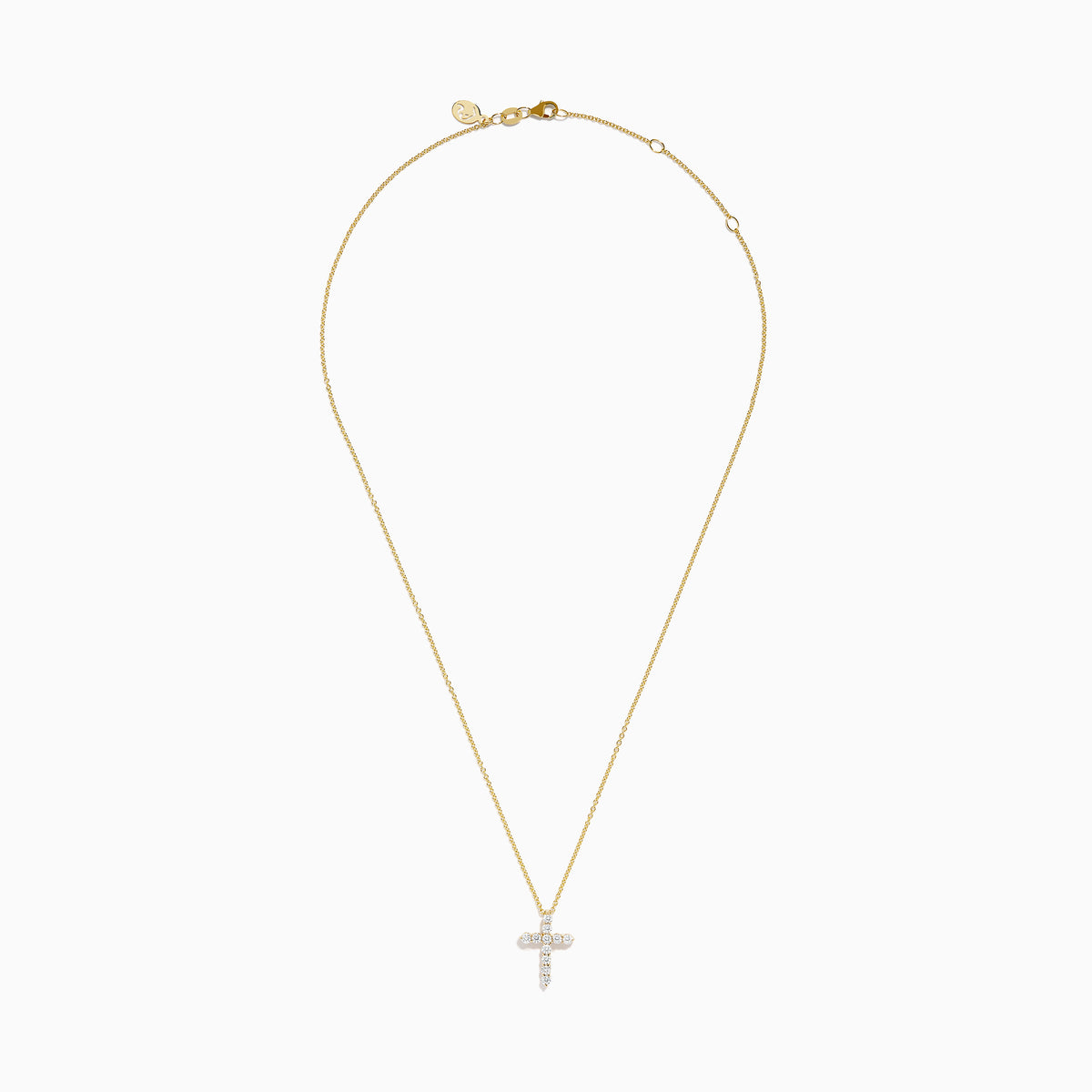 The 14K Yellow Gold Diamond Cross Pendant features small round diamonds on a yellow gold chain, showcased against a plain white background.