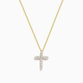 The 14K Yellow Gold Diamond Cross Pendant features small round diamonds on a yellow gold chain, showcased against a plain white background.