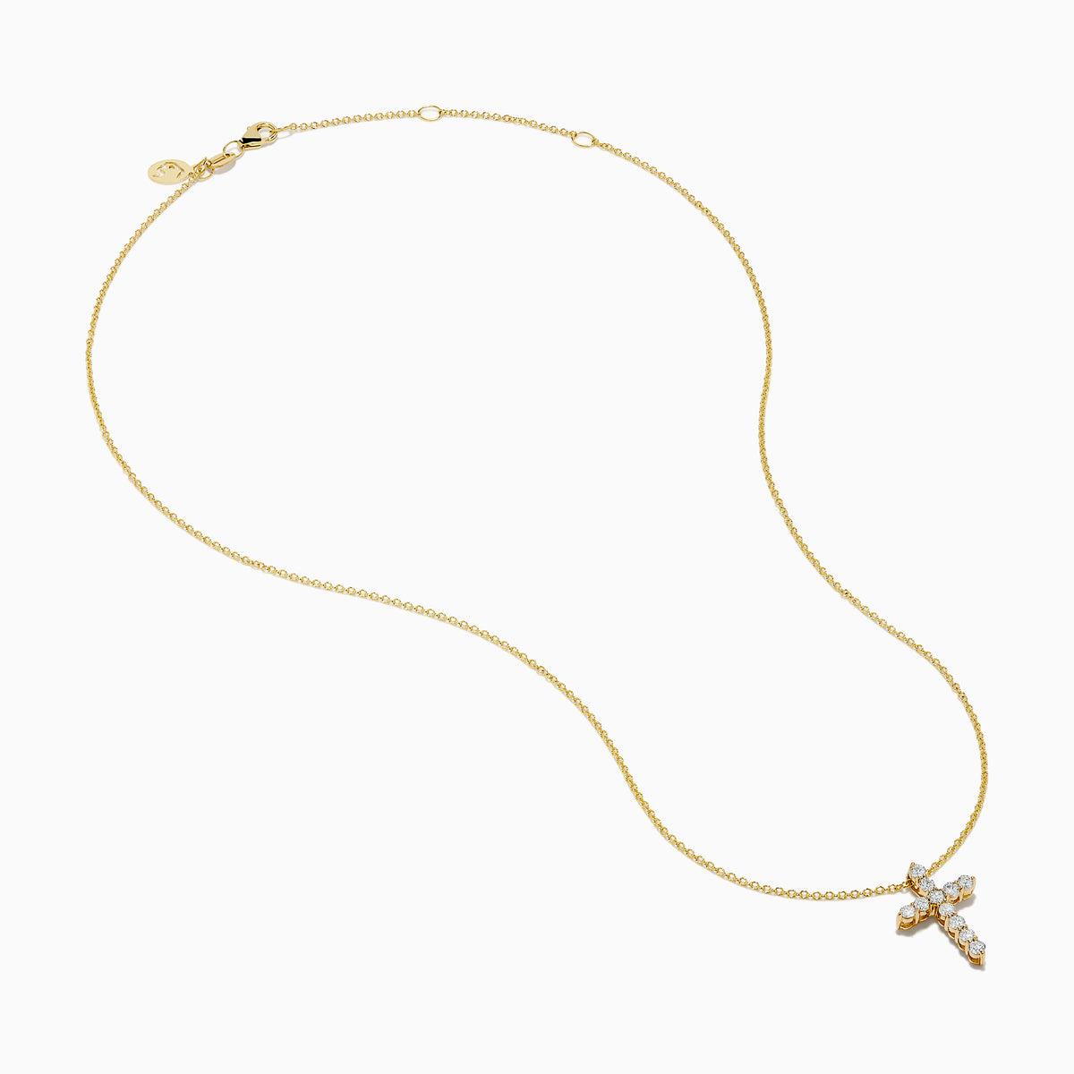 The 14K Yellow Gold Diamond Cross Pendant features small round diamonds on a yellow gold chain, showcased against a plain white background.