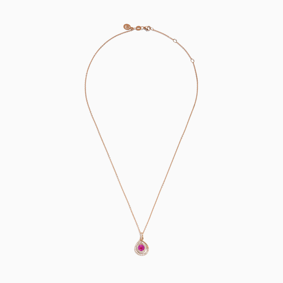 The 14K Rose Gold Pink Sapphire and Diamond Swirl Pendant features a teardrop swirl design with a central pink sapphire encircled by two rows of sparkling white diamonds.