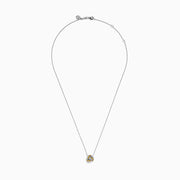 A 14K white gold love knot pendant with yellow diamonds hangs on a delicate chain, showcased against a white background.