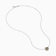 A 14K white gold love knot pendant with yellow diamonds hangs on a delicate chain, showcased against a white background.