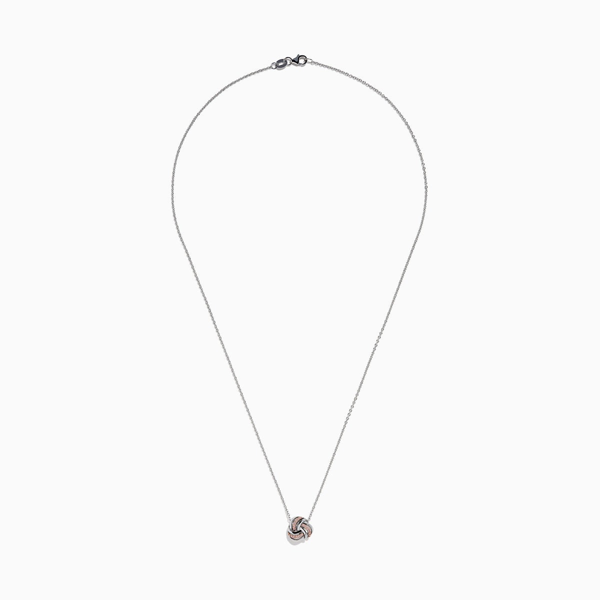 The 14K White Gold Pink Diamond Love Knot Pendant features intertwined rose gold and white gold tones with a polished, textured finish, delicately centered on a silver chain.