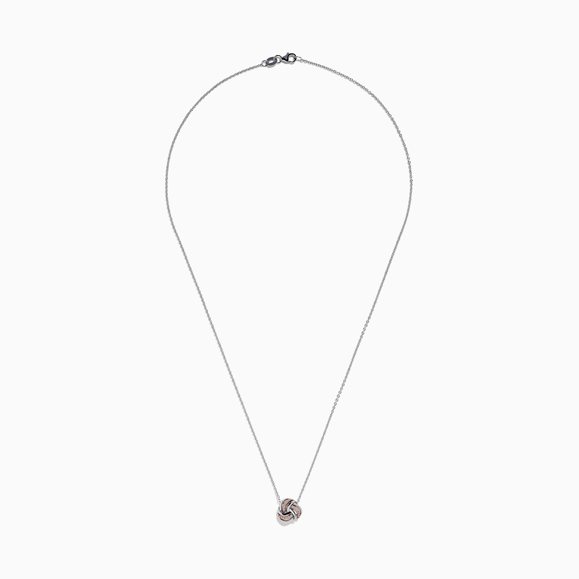 The 14K White Gold Pink Diamond Love Knot Pendant features intertwined rose gold and white gold tones with a polished, textured finish, delicately centered on a silver chain.