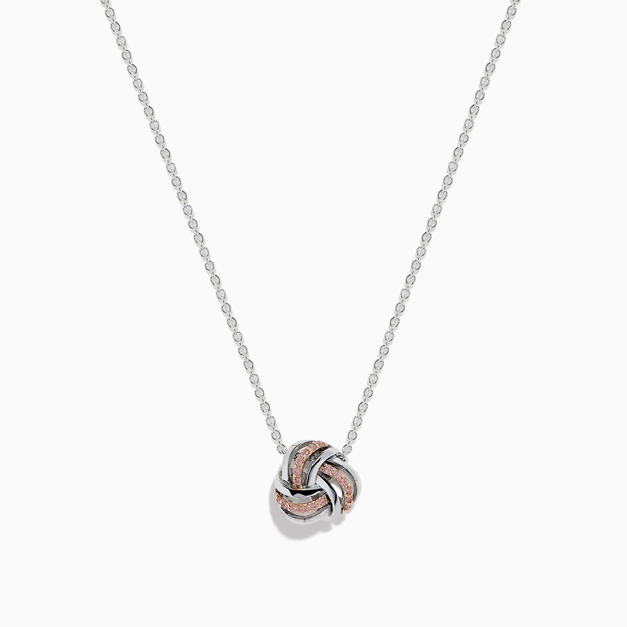 The 14K White Gold Pink Diamond Love Knot Pendant features intertwined rose gold and white gold tones with a polished, textured finish, delicately centered on a silver chain.