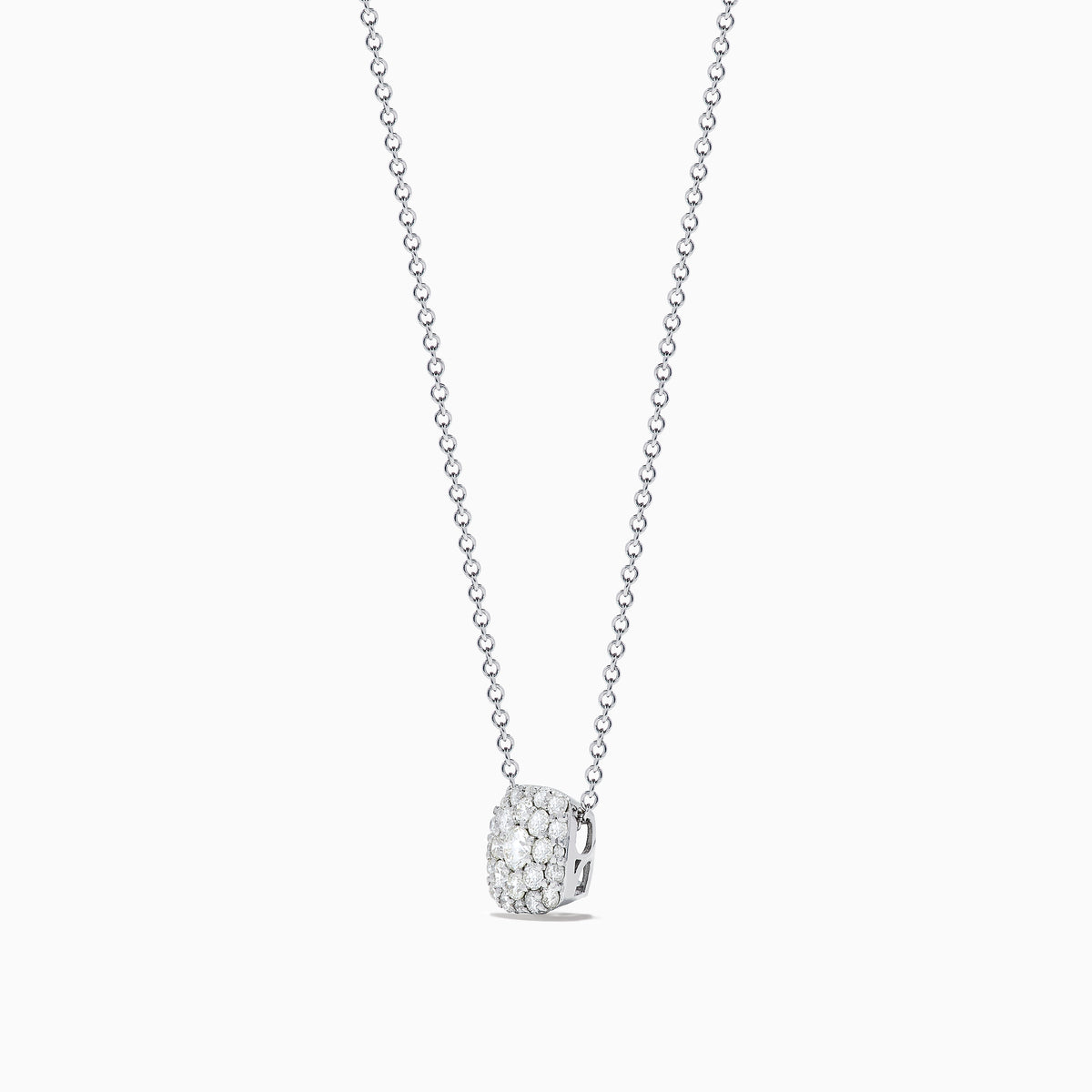 The Pave Classica 14K White Gold Diamond Pendant is a delicate necklace featuring a cushion-shaped pendant encrusted with sparkling white diamonds, shown against a plain white background.