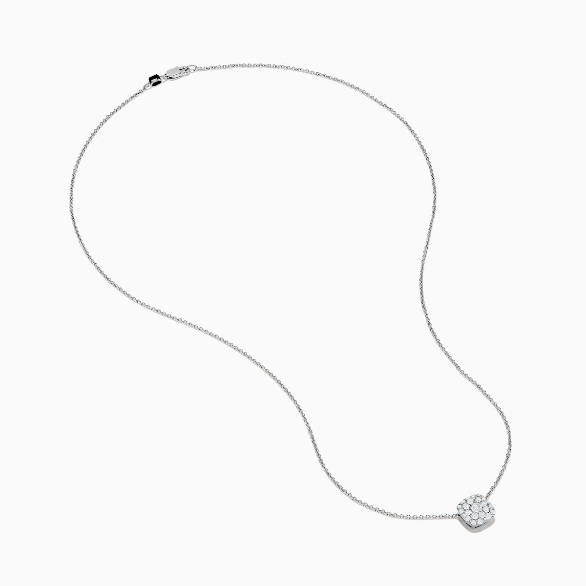 The Pave Classica 14K White Gold Diamond Pendant is a delicate necklace featuring a cushion-shaped pendant encrusted with sparkling white diamonds, shown against a plain white background.