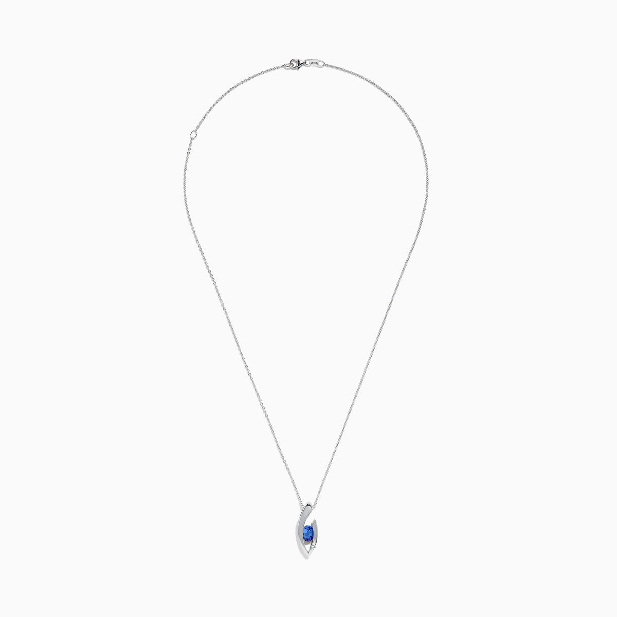 Elegant 14K white gold pendant featuring a curved design and centered with a round blue tanzanite, accented by diamonds, shown on a white background.