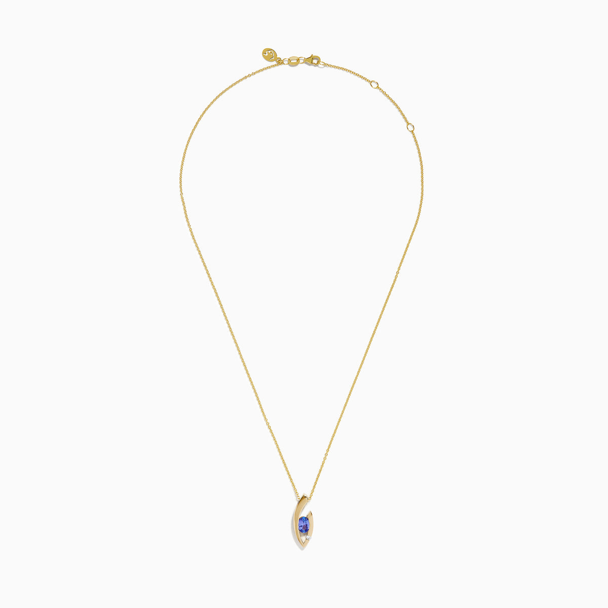 The Nahla Effy 14K Yellow Gold Pendant features a modern abstract design with an oval blue tanzanite gemstone and a small diamond accent.
