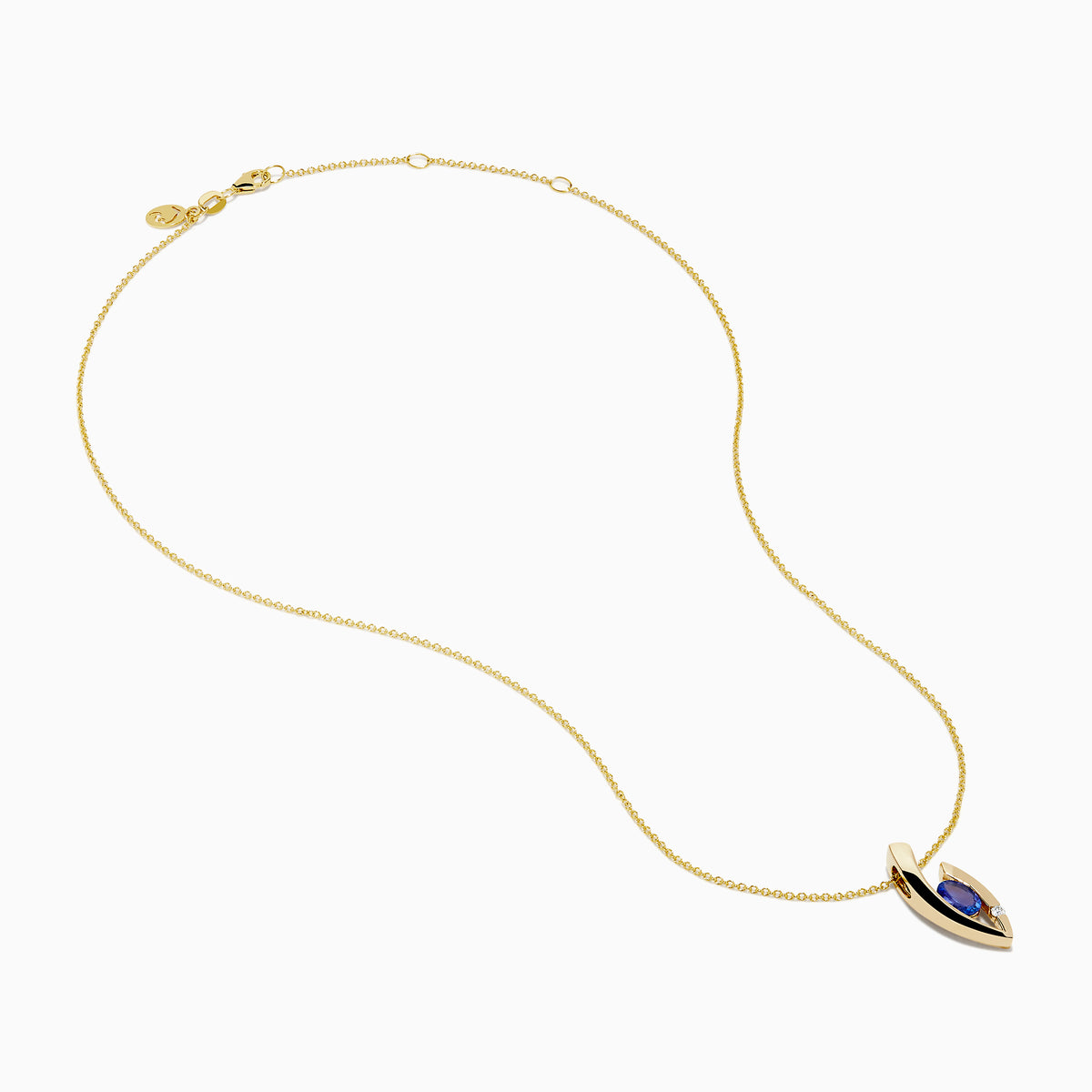 The Nahla Effy 14K Yellow Gold Pendant features a modern abstract design with an oval blue tanzanite gemstone and a small diamond accent.