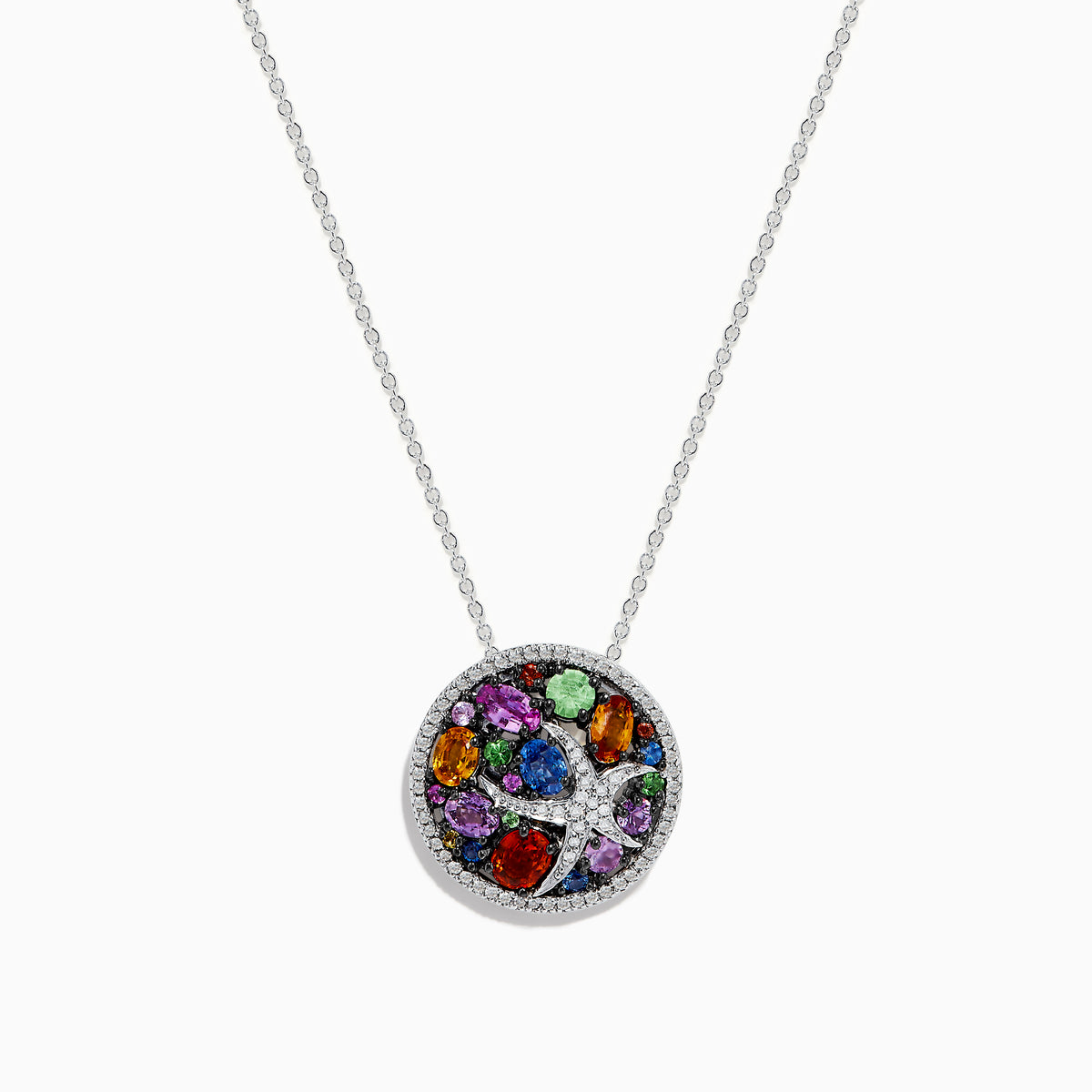 A 14K gold chain necklace with a starfish-shaped pendant, adorned with multicolored sapphires and diamonds, inspired by the Watercolors Multi Sapphire and Diamond Starfish Pendant.