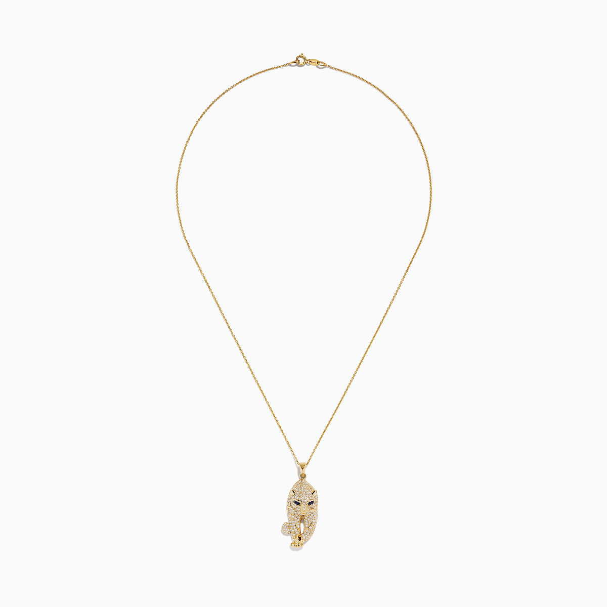 The Signature 14K Yellow Gold Sapphire and Diamond Panther Necklace features a panther-shaped pendant with sparkling diamond accents and vivid sapphire-blue eyes, all on a delicate gold chain, shown against a white background.