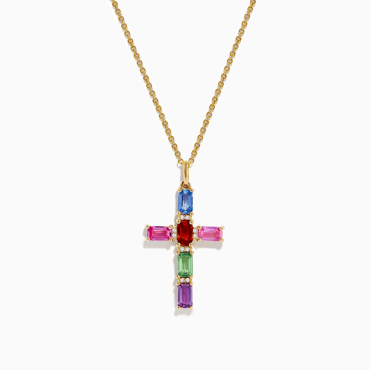 The Watercolors 14K Yellow Gold Multi Color Sapphire and Diamond Cross Pendant features a gold chain and a diamond cross adorned with vibrant sapphires in red, blue, green, pink, and purple accents.