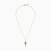 The Watercolors 14K Yellow Gold Multi Color Sapphire and Diamond Cross Pendant features a gold chain and a diamond cross adorned with vibrant sapphires in red, blue, green, pink, and purple accents.