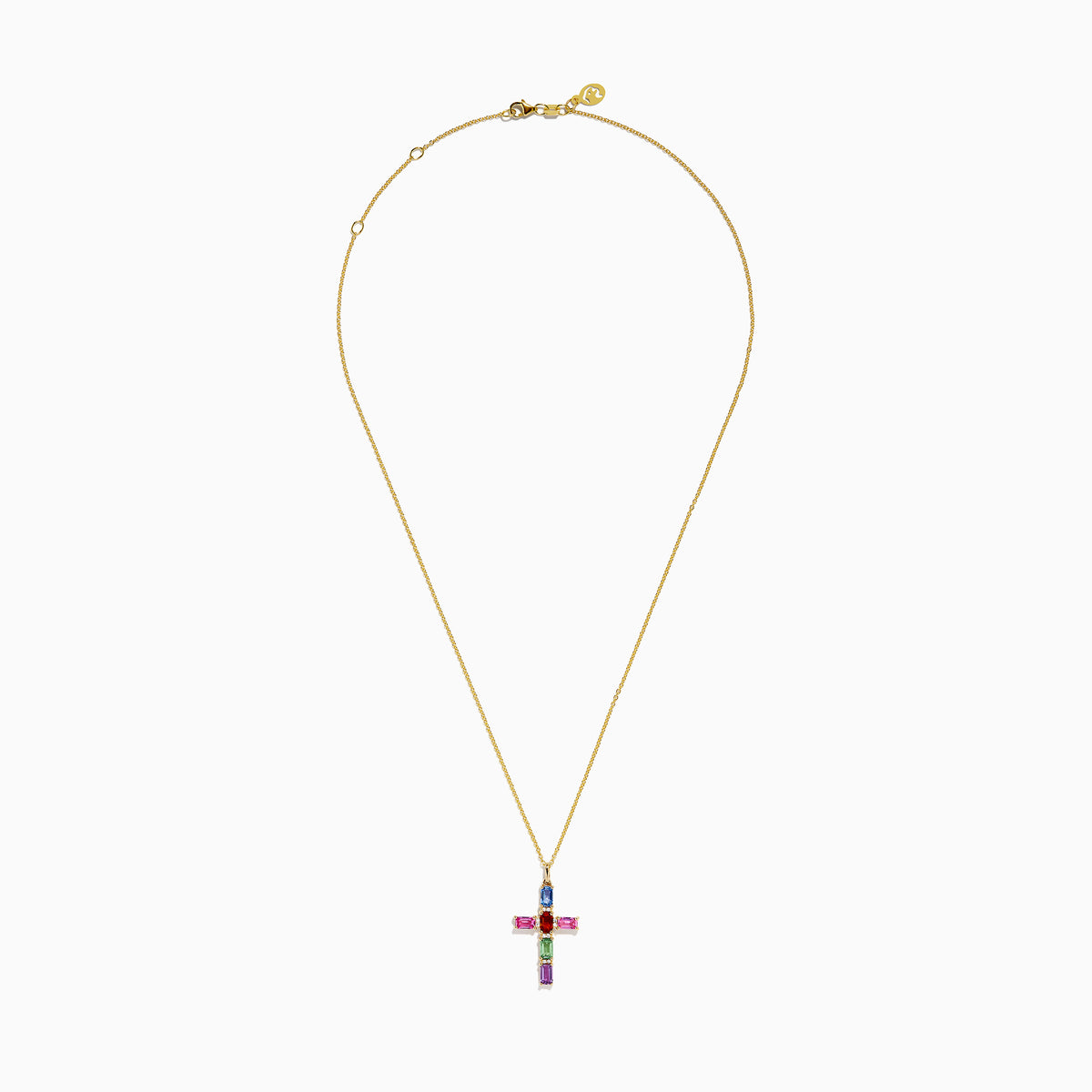 The Watercolors 14K Yellow Gold Multi Color Sapphire and Diamond Cross Pendant features a gold chain and a diamond cross adorned with vibrant sapphires in red, blue, green, pink, and purple accents.