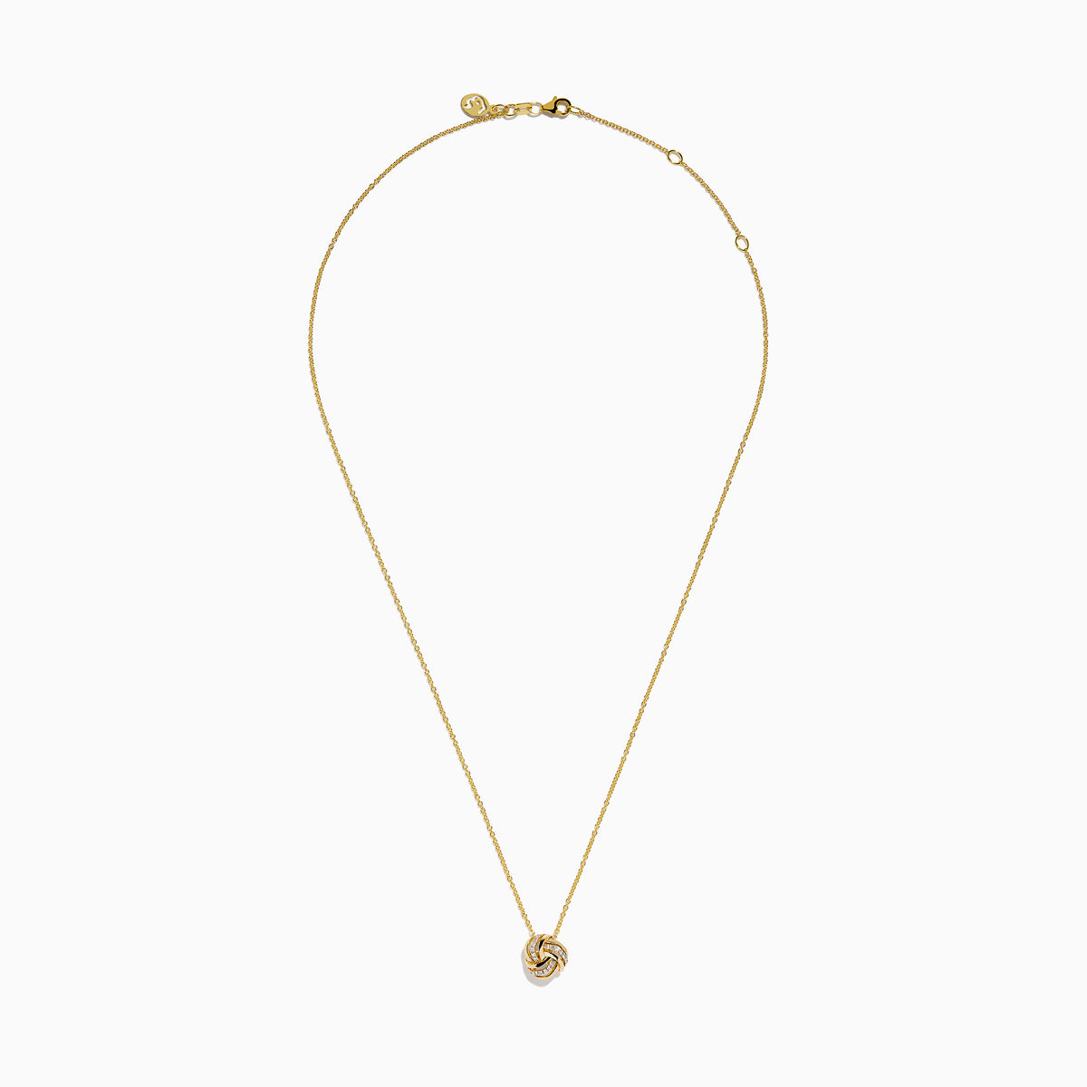 The 14K Yellow Gold Diamond Love Knot Pendant features intertwined loops with small, sparkling diamonds, creating an elegant look. Shown against a white background on a gold chain necklace.