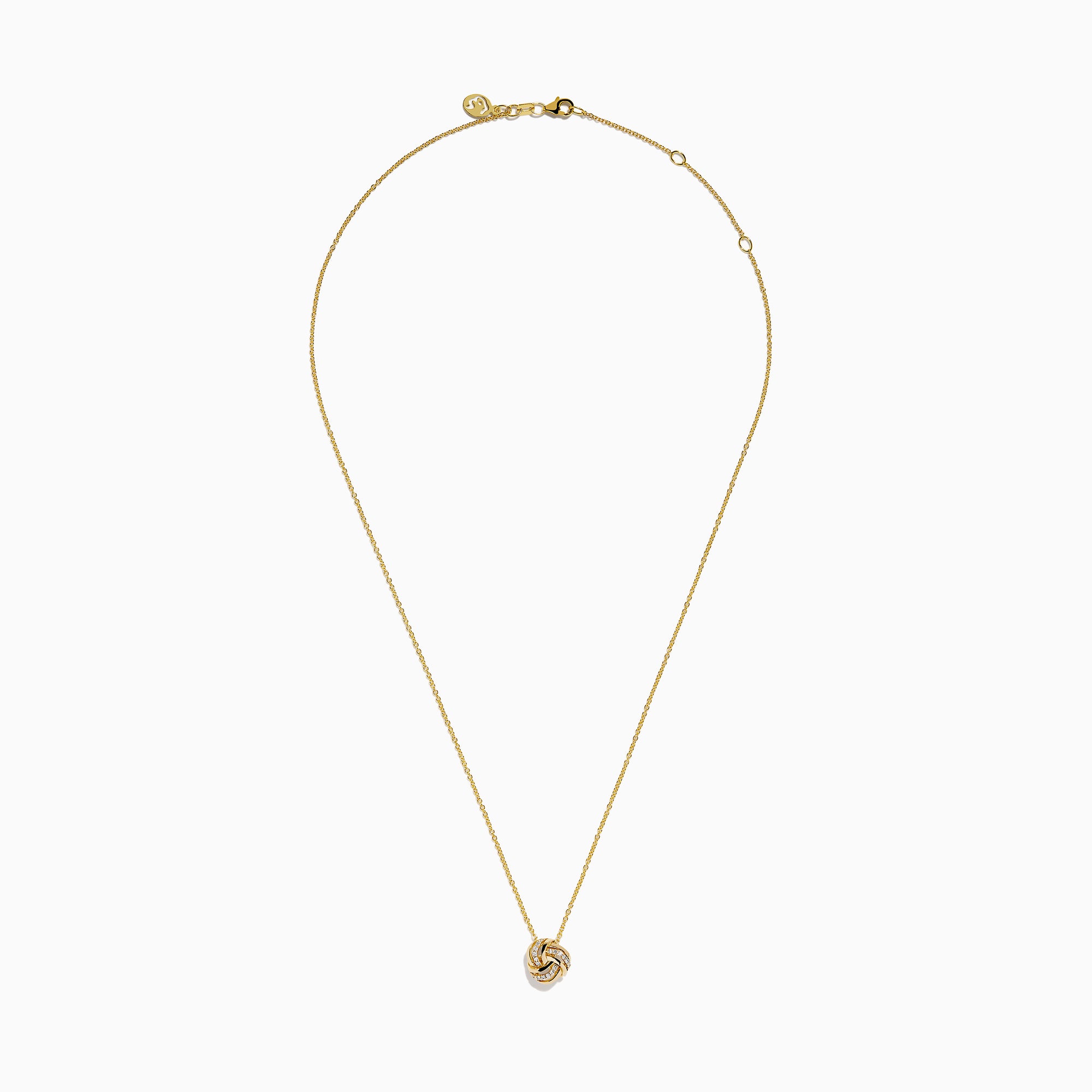 The 14K Yellow Gold Diamond Love Knot Pendant features intertwined loops with small, sparkling diamonds, creating an elegant look. Shown against a white background on a gold chain necklace.