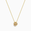 The 14K Yellow Gold Diamond Love Knot Pendant features intertwined loops with small, sparkling diamonds, creating an elegant look. Shown against a white background on a gold chain necklace.