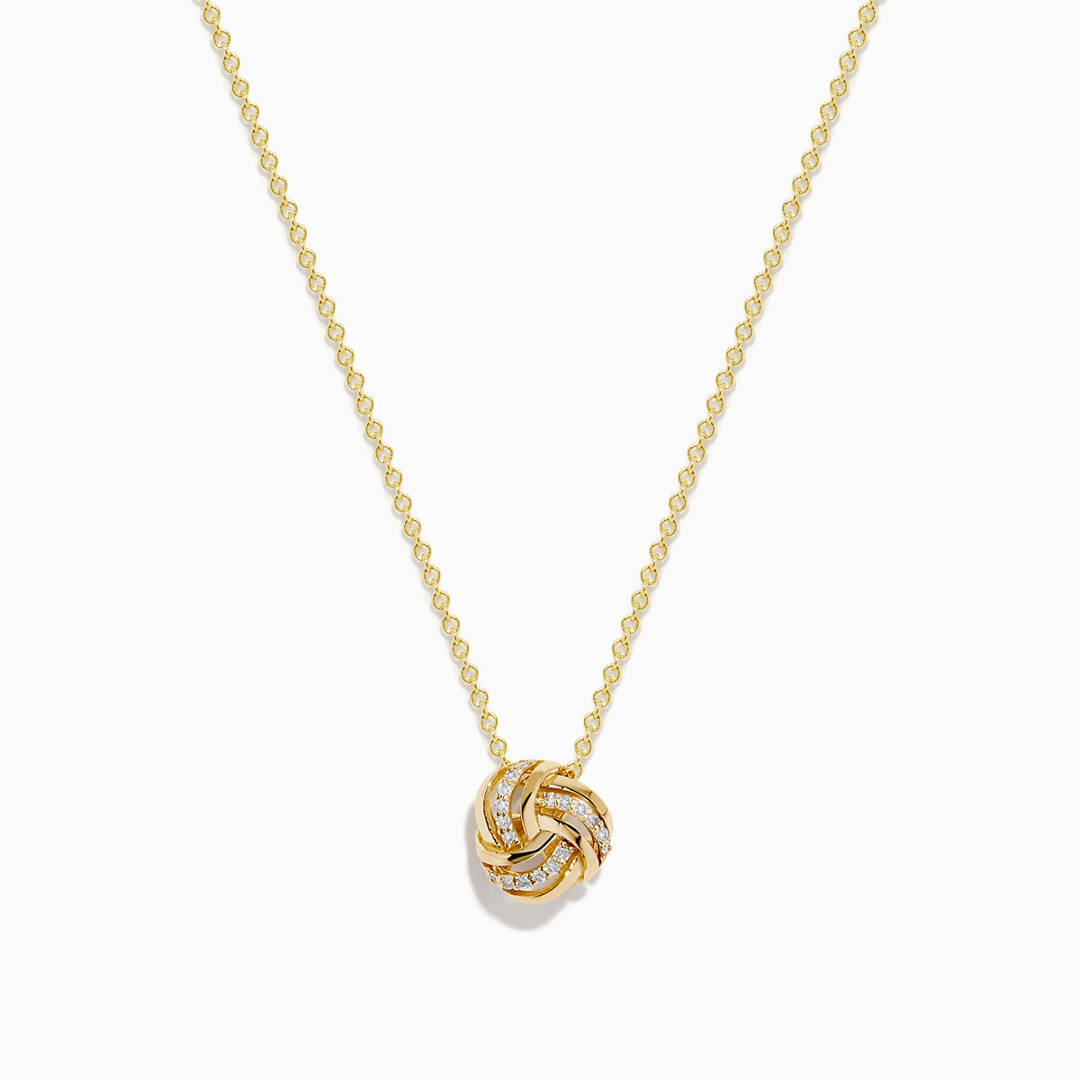 The 14K Yellow Gold Diamond Love Knot Pendant features intertwined loops with small, sparkling diamonds, creating an elegant look. Shown against a white background on a gold chain necklace.