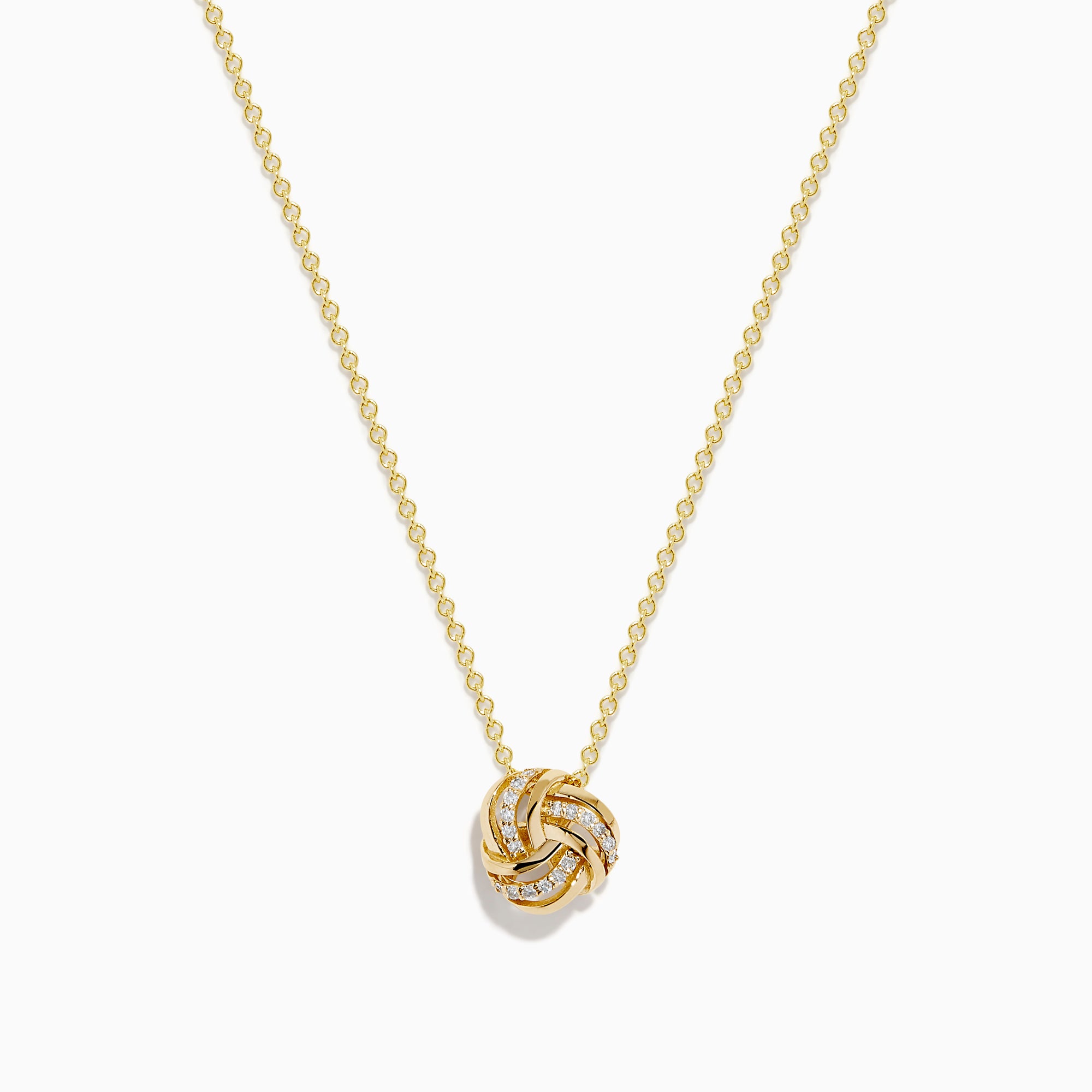 The 14K Yellow Gold Diamond Love Knot Pendant features intertwined loops with small, sparkling diamonds, creating an elegant look. Shown against a white background on a gold chain necklace.