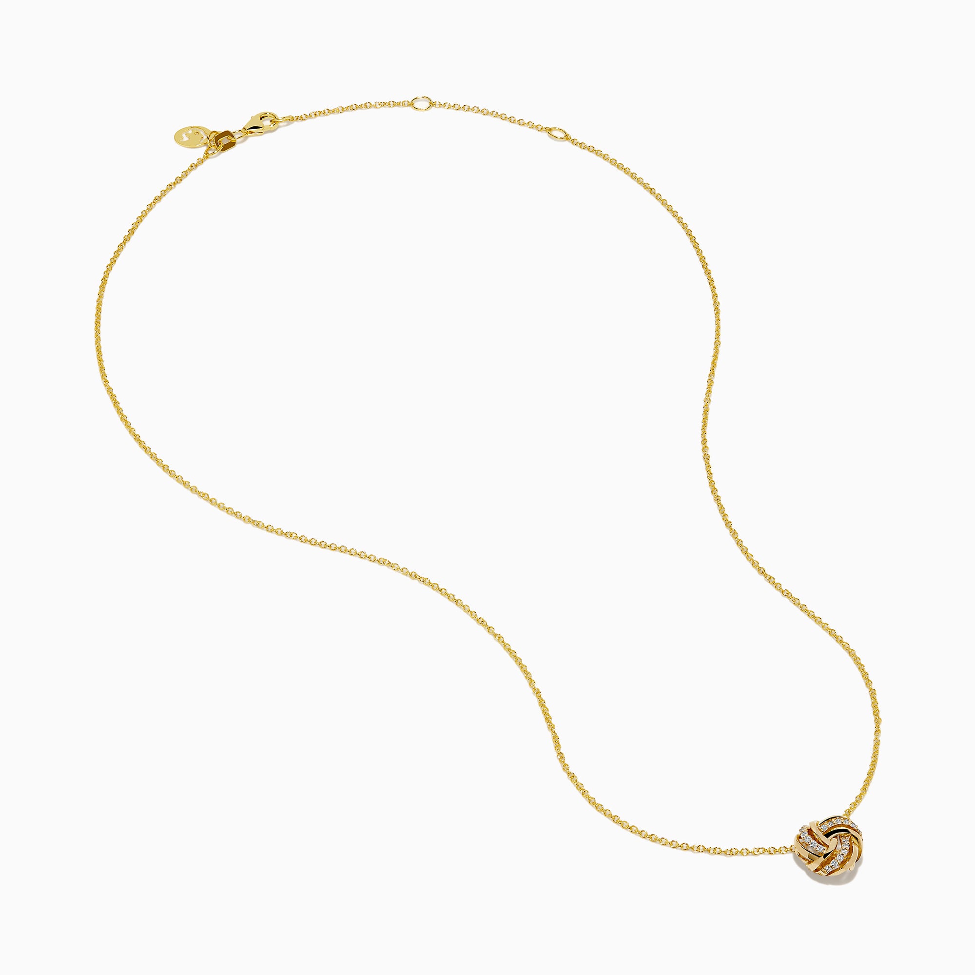 The 14K Yellow Gold Diamond Love Knot Pendant features intertwined loops with small, sparkling diamonds, creating an elegant look. Shown against a white background on a gold chain necklace.