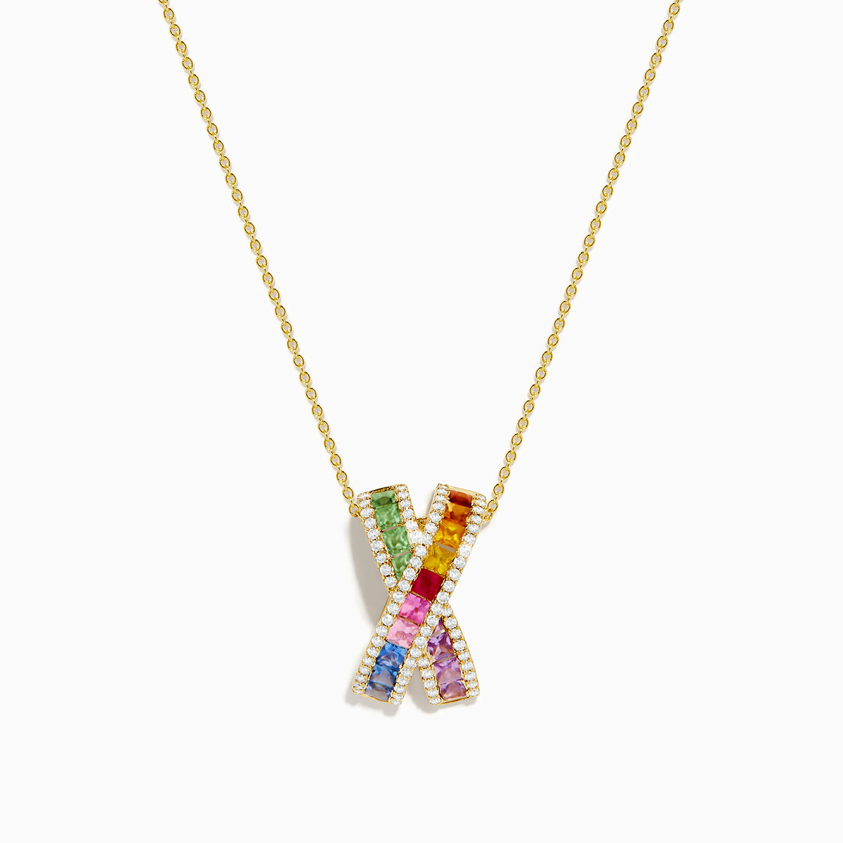 The Watercolors 14K Yellow Gold Diamond Multi Color Sapphire X Pendant is a chain necklace featuring a large X-shaped pendant adorned with multicolored sapphires and bordered with diamonds.