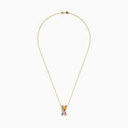 The Watercolors 14K Yellow Gold Diamond Multi Color Sapphire X Pendant is a chain necklace featuring a large X-shaped pendant adorned with multicolored sapphires and bordered with diamonds.