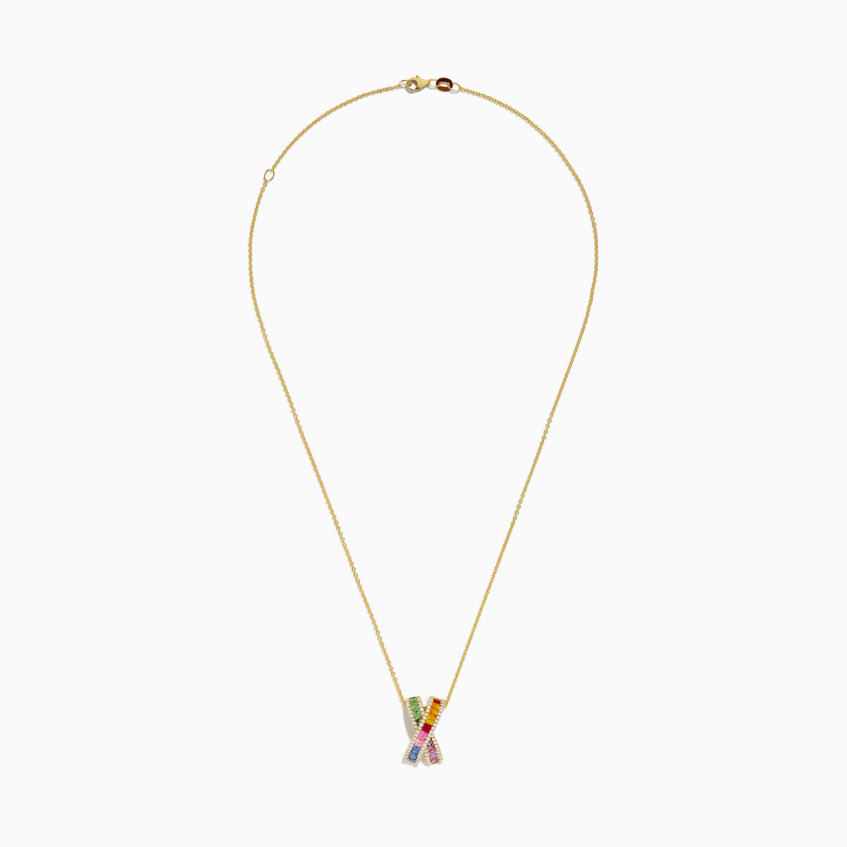 The Watercolors 14K Yellow Gold Diamond Multi Color Sapphire X Pendant is a chain necklace featuring a large X-shaped pendant adorned with multicolored sapphires and bordered with diamonds.