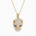 The Signature 14K Yellow Gold Sapphire and Diamond Panther Pendant features a panther’s head encrusted with diamonds and striking sapphire gemstone eyes, elegantly suspended from a matching chain necklace.