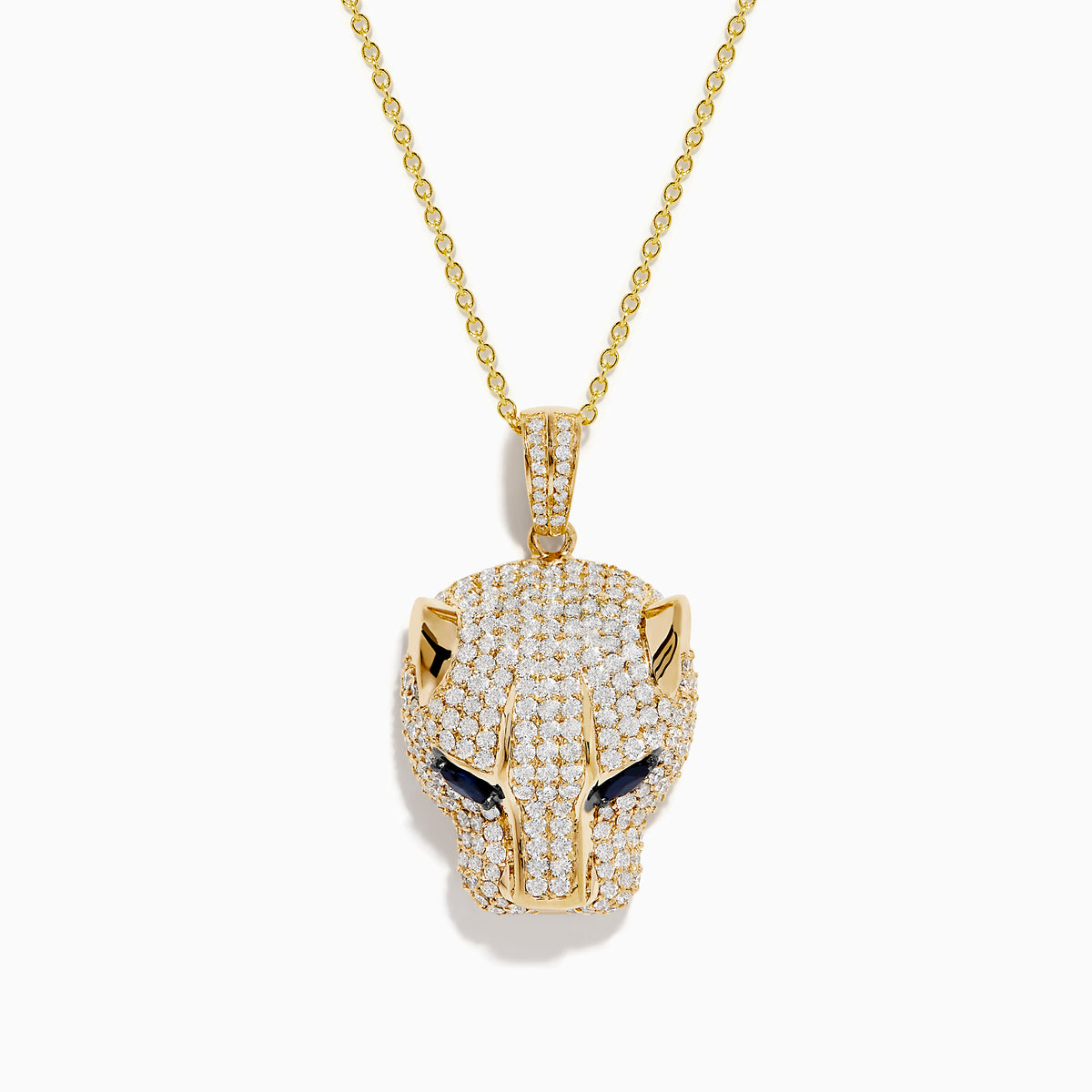 The Signature 14K Yellow Gold Sapphire and Diamond Panther Pendant features a panther’s head encrusted with diamonds and striking sapphire gemstone eyes, elegantly suspended from a matching chain necklace.