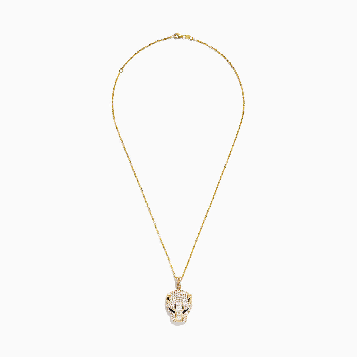The Signature 14K Yellow Gold Sapphire and Diamond Panther Pendant features a panther’s head encrusted with diamonds and striking sapphire gemstone eyes, elegantly suspended from a matching chain necklace.