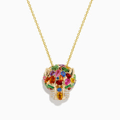 The Watercolors 14K Gold Multi Sapphire, Diamond & Emerald Panther Pendant features sapphires in various shapes and sizes, sparkling diamonds, and emerald accents on the face.