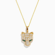 The Signature 14K Yellow Gold Emerald and Diamond Panther Pendant features a diamond-studded panther with emerald-green eyes, suspended from a delicate gold chain against a white background.
