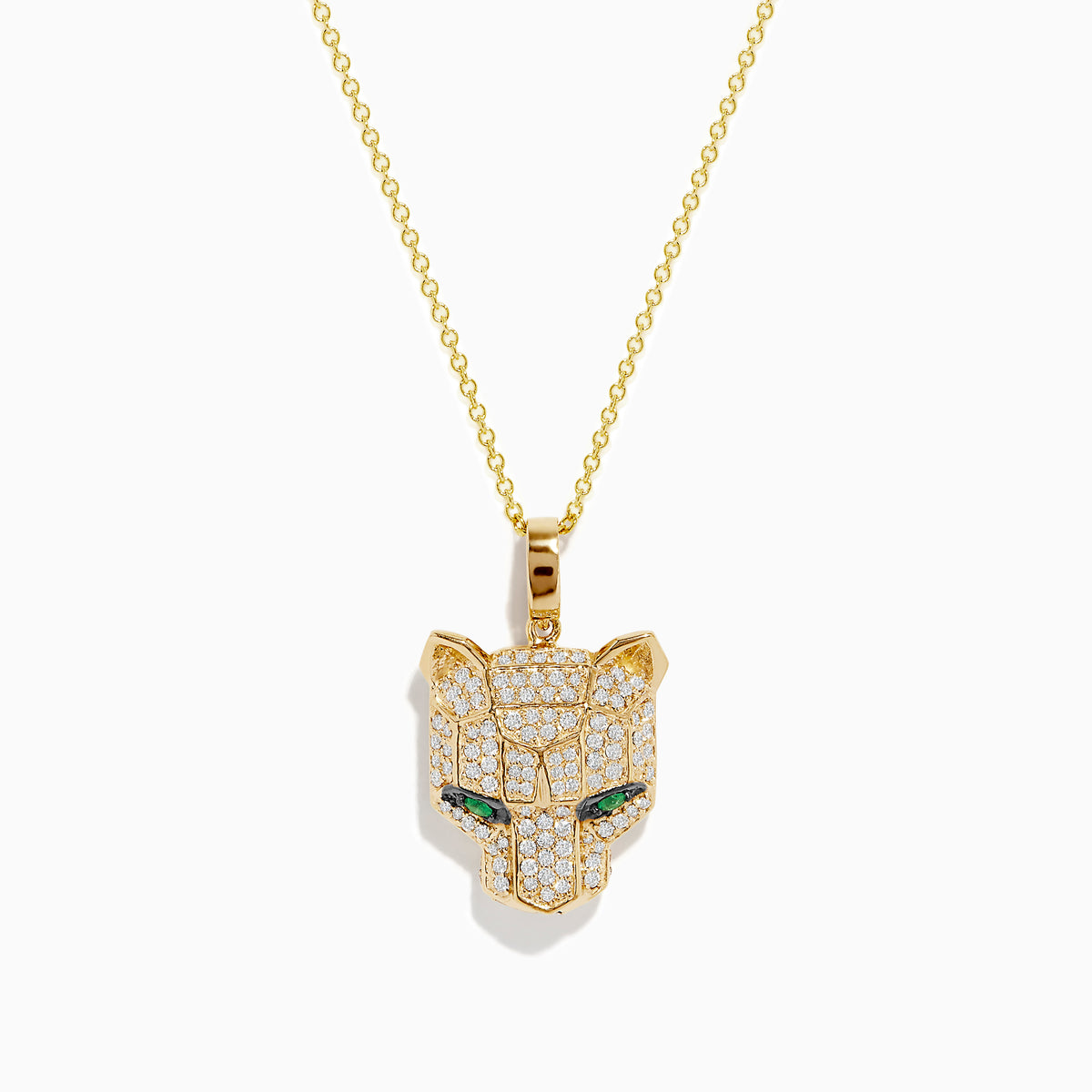 The Signature 14K Yellow Gold Emerald and Diamond Panther Pendant features a diamond-studded panther with emerald-green eyes, suspended from a delicate gold chain against a white background.