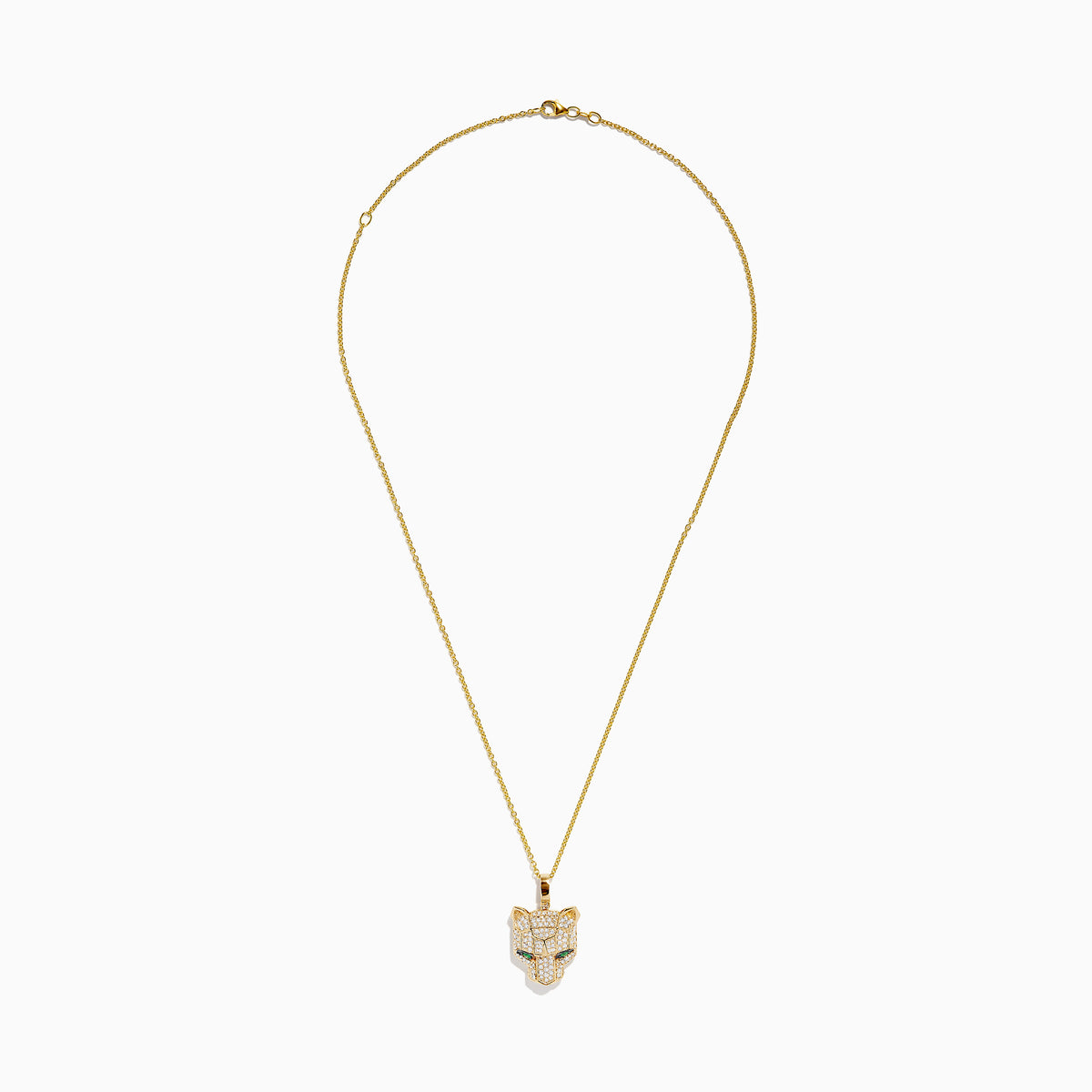 The Signature 14K Yellow Gold Emerald and Diamond Panther Pendant features a diamond-studded panther with emerald-green eyes, suspended from a delicate gold chain against a white background.