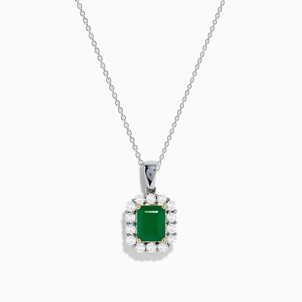 The Brasilica 14K Two-Tone Gold Emerald and Diamond Pendant features a rectangular emerald framed by sparkling diamonds, offering an elegant look reminiscent of a classic diamond pendant against a plain white background.