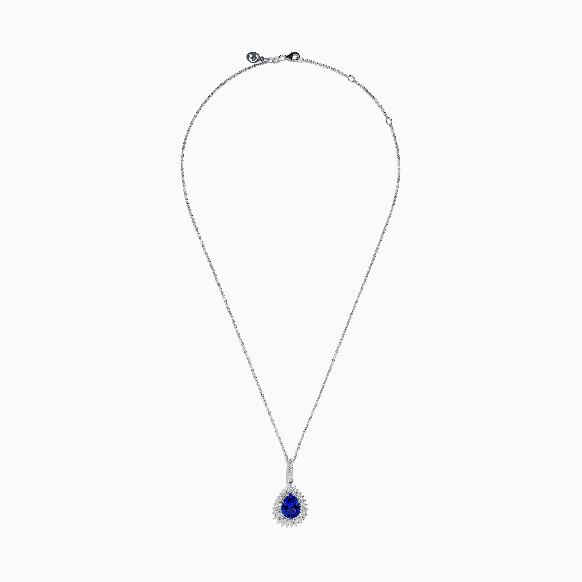 A 14K white gold pear tanzanite and diamond halo pendant with a diamond-studded bail, displayed on a white background.