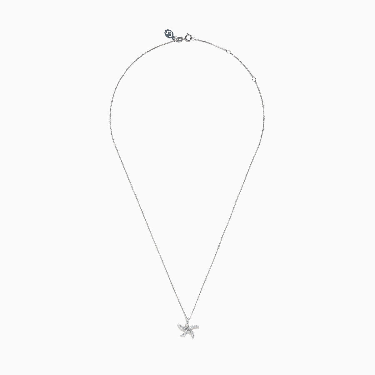 The Novelty 14K White Gold Diamond Starfish Pendant features a starfish-shaped design encrusted with sparkling diamonds, beautifully displayed on a plain white background.