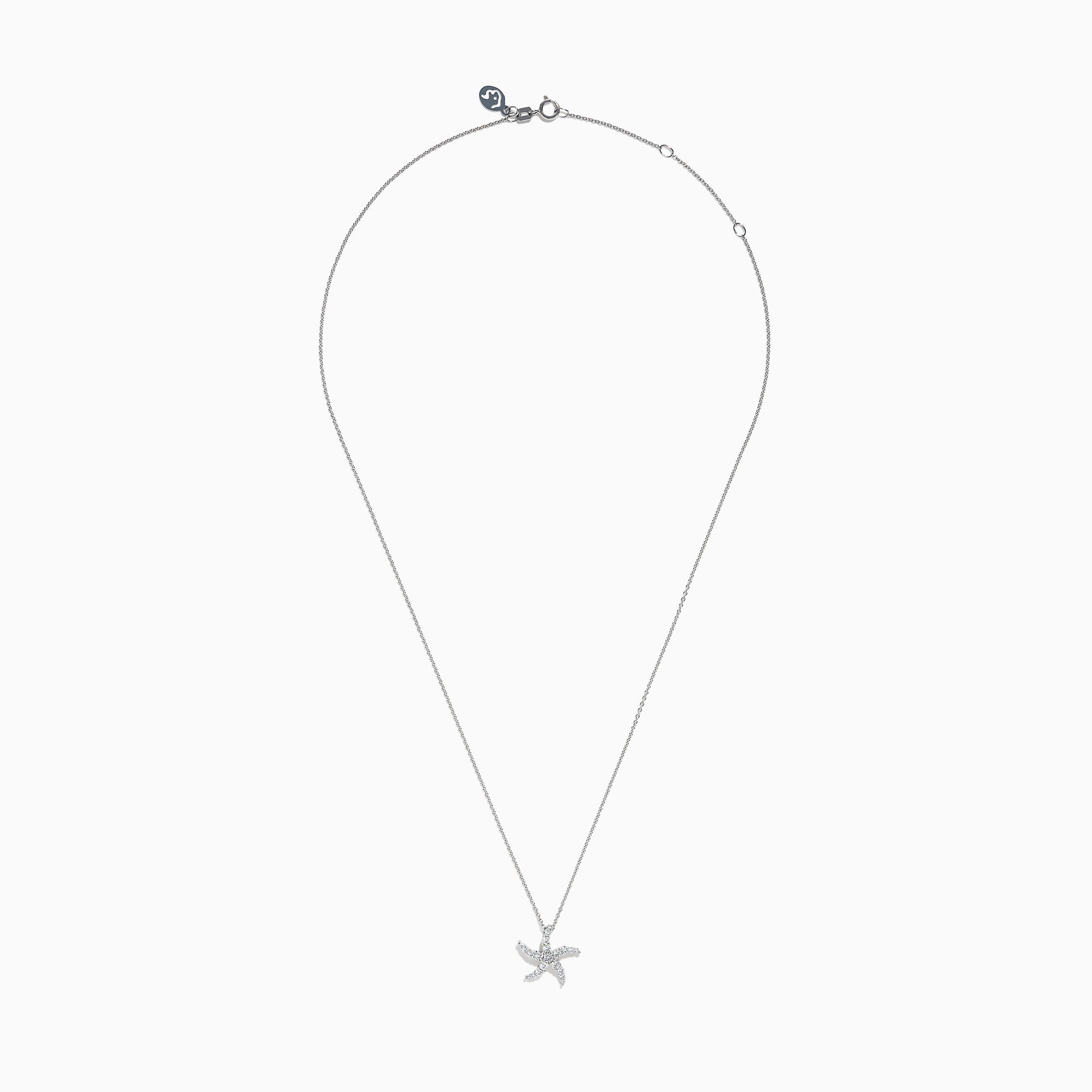 The Novelty 14K White Gold Diamond Starfish Pendant features a starfish-shaped design encrusted with sparkling diamonds, beautifully displayed on a plain white background.