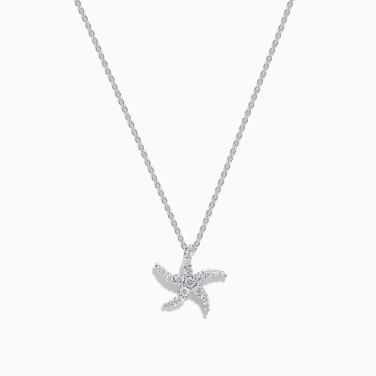 The Novelty 14K White Gold Diamond Starfish Pendant features a starfish-shaped design encrusted with sparkling diamonds, beautifully displayed on a plain white background.