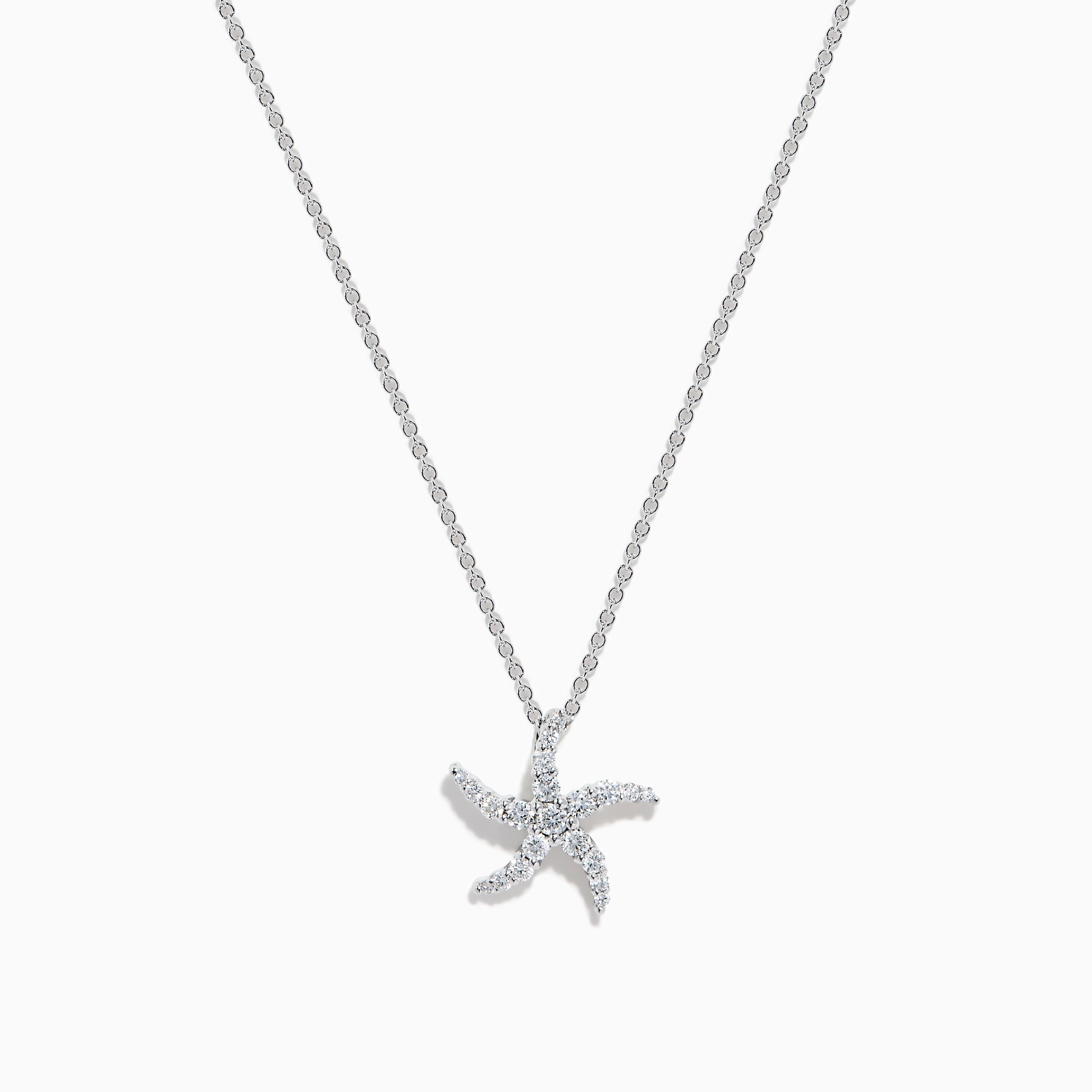 The Novelty 14K White Gold Diamond Starfish Pendant features a starfish-shaped design encrusted with sparkling diamonds, beautifully displayed on a plain white background.