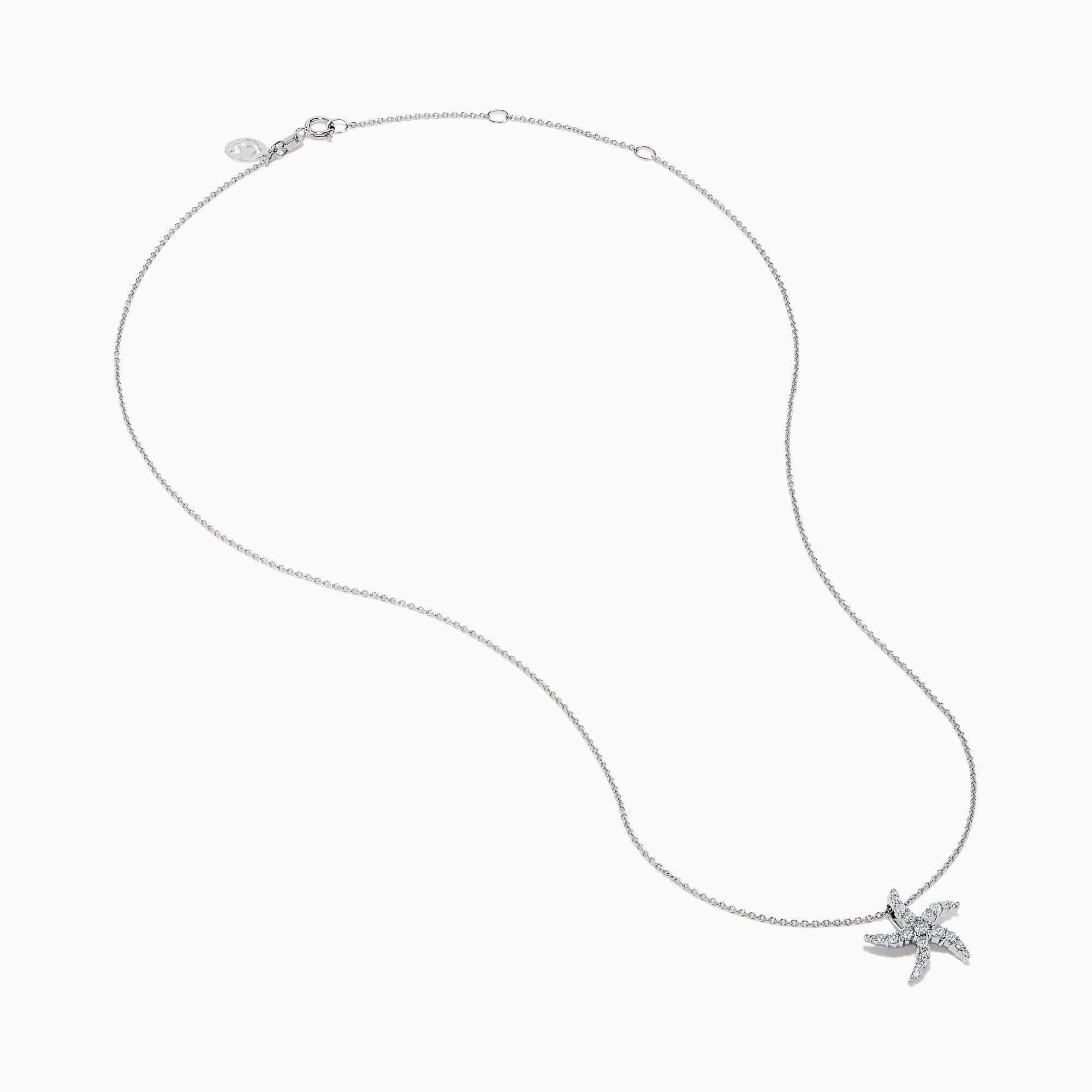 The Novelty 14K White Gold Diamond Starfish Pendant features a starfish-shaped design encrusted with sparkling diamonds, beautifully displayed on a plain white background.